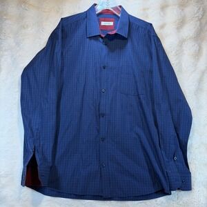 Bertini Mens XL Navy Blue Red Grid Check Button‎ Down Shirt Cotton Viscose Blend